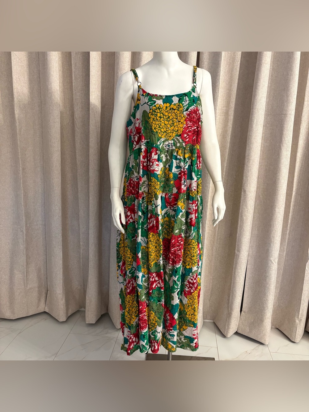 YESNO SZ 2XL 100%cotton Floral spaghetti straps Sundress Maxi Dress in Green